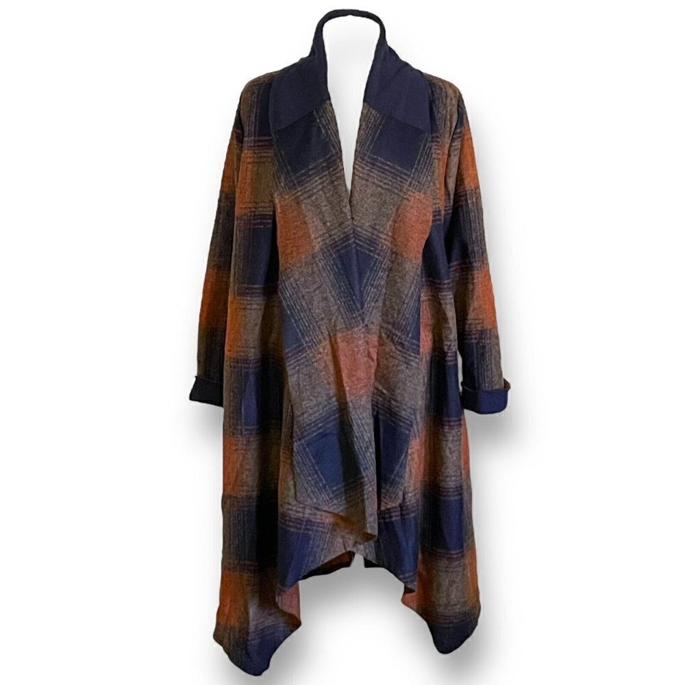 Elemente Clemente Womens Duster Jacket Sz 2 M Blue Brown Wool Plaid Lagenlook